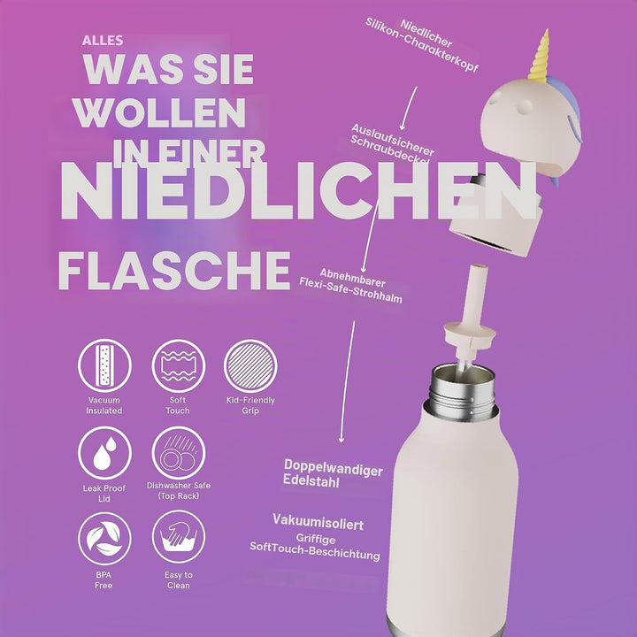 ASOBU Bestie Kindertrinkflasche mit Strohhalm – Isolierte Edelstahlflasche 420ml mit Einhornkopf – A