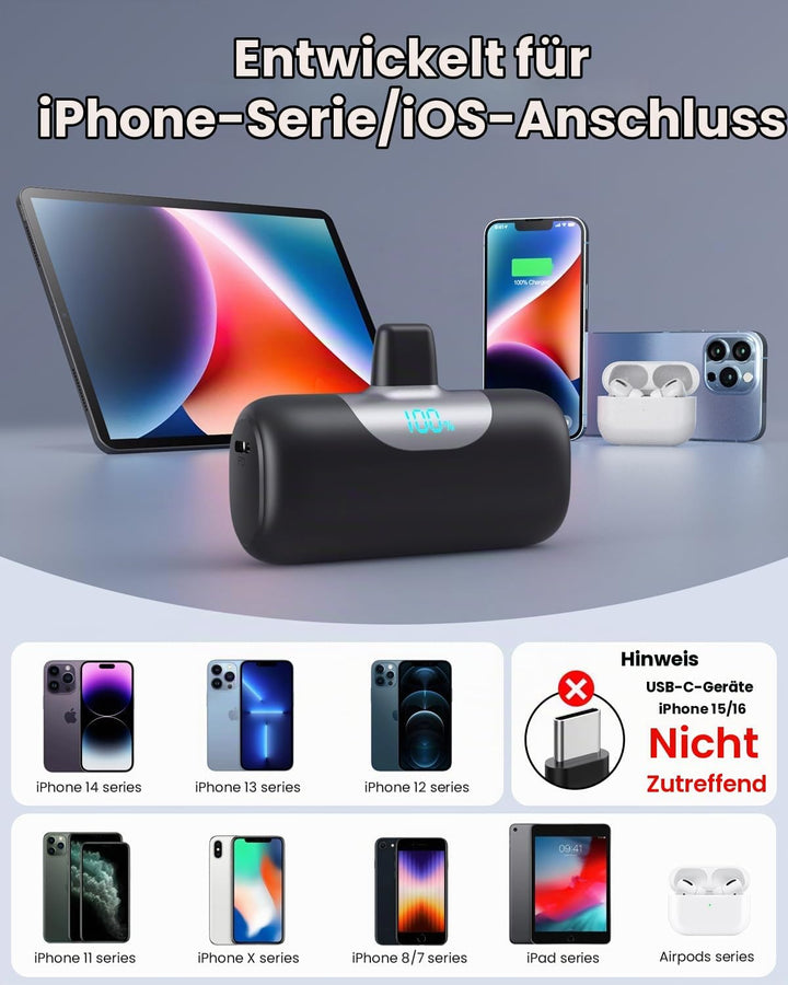 Mini Powerbank für iPhone 5500mAh, Klein Power Bank Kompakt 22.5W PD 3.0A Schnelles Aufladen Akkupac