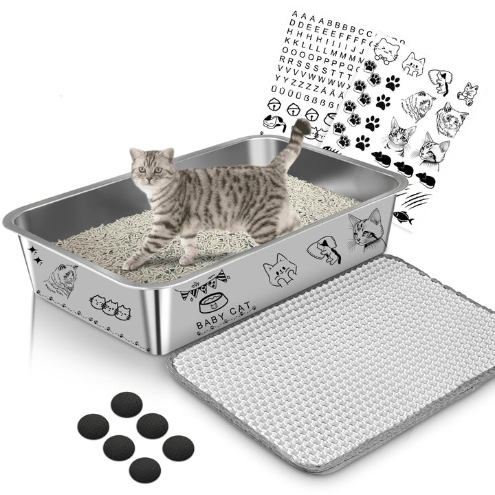 Lohofrnny Edelstahl Katzentoilette, 50×35×10cm Katzenklo Geruchsfrei, Katzentoilette Offen für Kanin