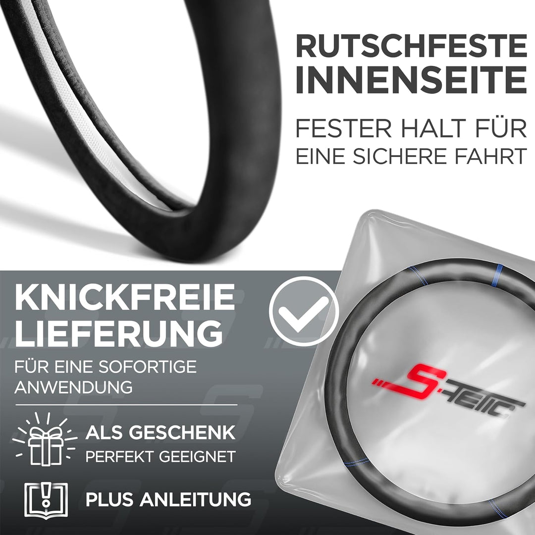 S-TETIC® Premium Lenkradbezug Nappaleder + Alcantara® | Blaue 12-Uhr Markierung | Universal Grösse 3