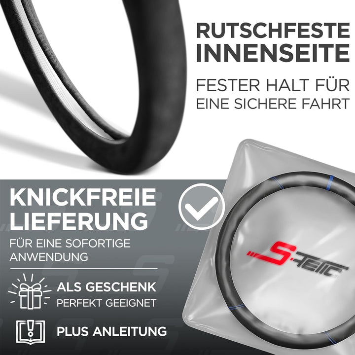 S-TETIC® Premium Lenkradbezug Nappaleder + Alcantara® | Blaue 12-Uhr Markierung | Universal Grösse 3
