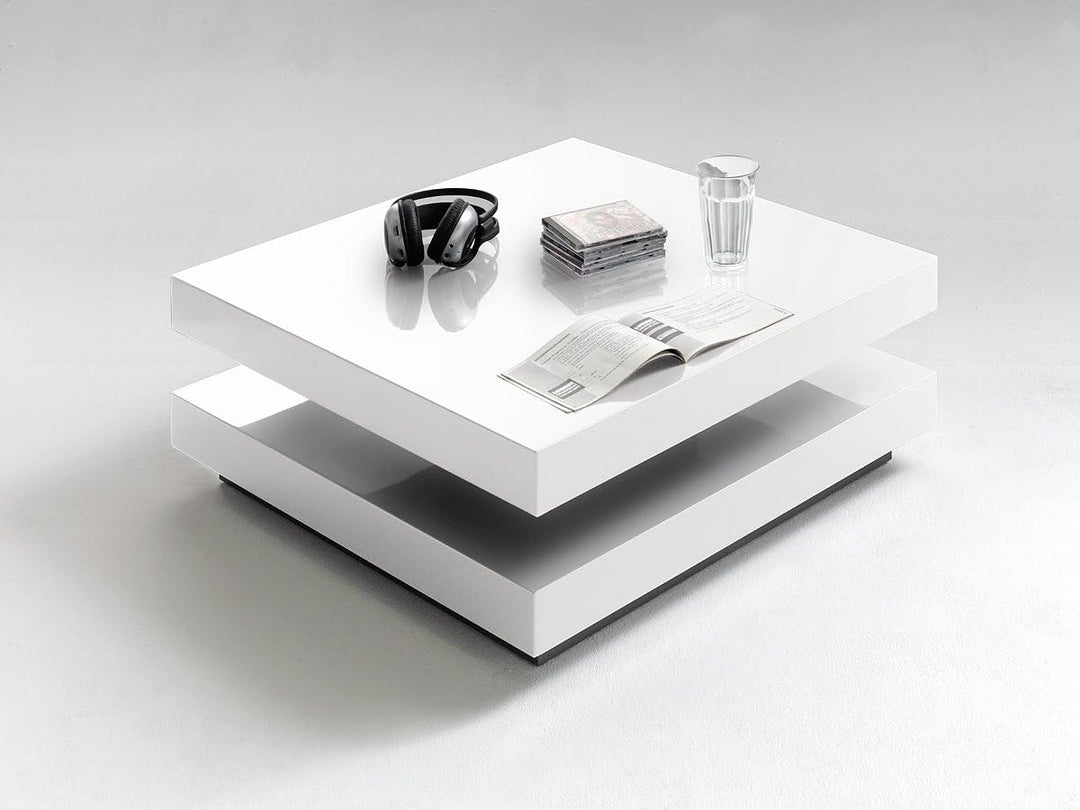 Robas Lund Couchtisch Wohnzimmertisch Weiss Hochglanz drehbar 360°, Hugo BxHxT 75 x 30 x 75 cm