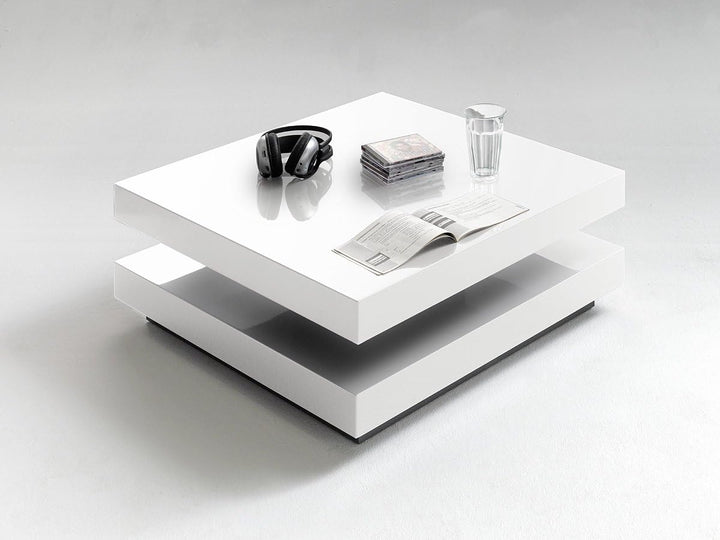 Robas Lund Couchtisch Wohnzimmertisch Weiss Hochglanz drehbar 360°, Hugo BxHxT 75 x 30 x 75 cm