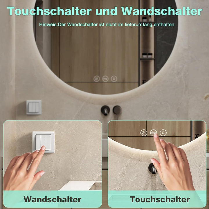 Badspiegel mit Beleuchtung, Runder Badezimmerspiegel 60 cm mit 3 Lichtfarben, Dimmbar, Touch-Schalte
