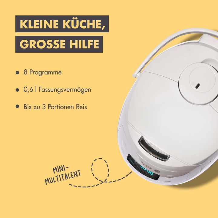 Digitaler Reishunger Mini Reiskocher und Dampfgarer in Grau - Warmhaltefunktion, Timer & Premium Top