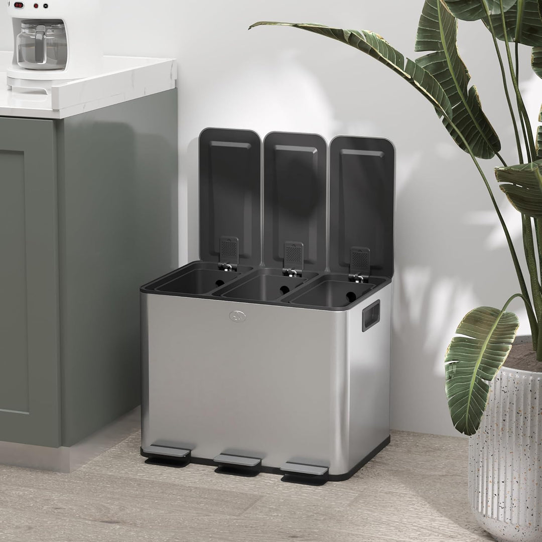 HOMCOM Mülleimer Küche 3 x 20 L Treteimer mit Softclose-Deckel und Pedal Mülltrennsystem 3 Fächer in