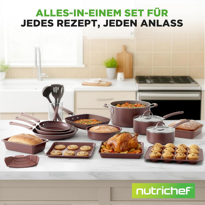 NutriChef Topf- & Pfannenset Induktion 20-teilig Braun – Antihaft-Kochgeschirr mit Deckeln & Backfor
