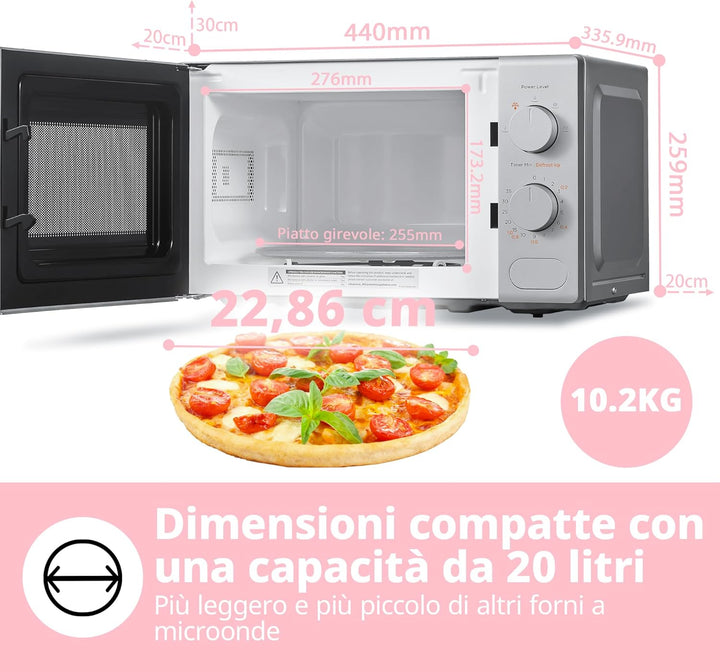 COMFEE' Mikrowelle grau, 20 Liter, 700 W, 5 Leistungsstufen, Schnellauftaufunktion, manueller Timer,