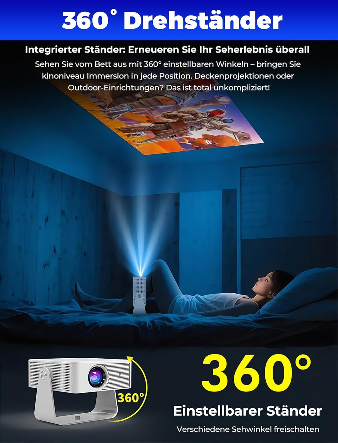 Mini Beamer mit WiFi 6 und Bluetooth 5.4, tragbarer Projektor 4K/1080P Unterstützung, Video Beamer m