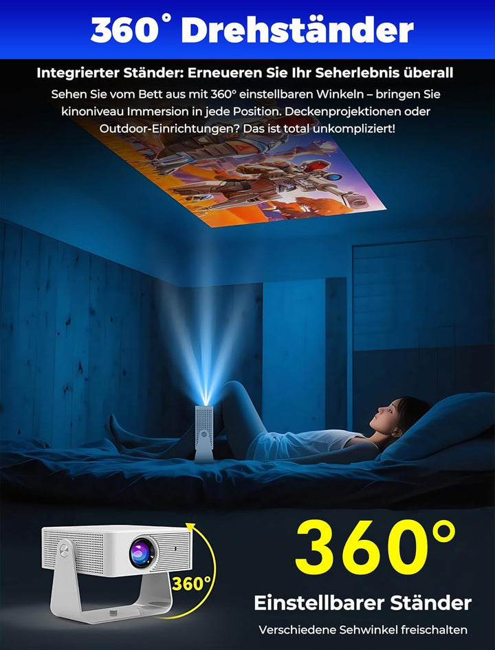 Mini Beamer mit WiFi 6 und Bluetooth 5.4, tragbarer Projektor 4K/1080P Unterstützung, Video Beamer m