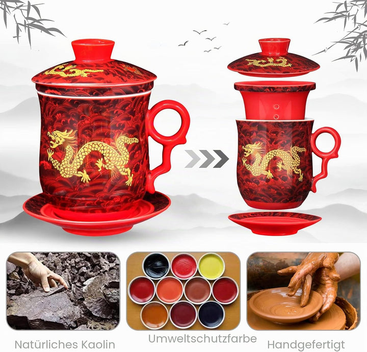 YURROAD Teetasse Mit Teesieb Deckel Und Untertasse Chinesisches Drachenmuster Aus Chinesischem Porze