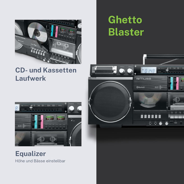 MUSE Bluetooth Retro Boombox mit Radio, CD, Kassettenrekorder, 80W Ausgangsleistung, USB, Aux, Micro