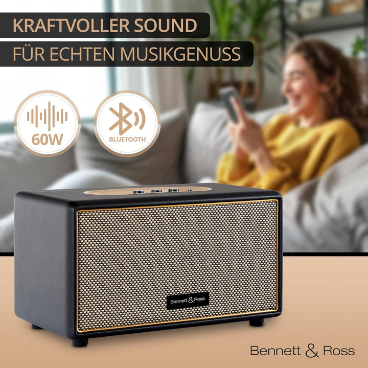 Bennett & Ross BB-860BK Blackmore - Retro Bluetooth Lautsprecher in Lederoptik - Vintage Speaker mit