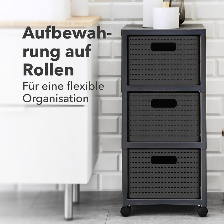 Rotho Country Rollcontainer mit 3 Schubladen in Rattan-Optik, Kunststoff (PP) BPA-frei, anthrazit, 3