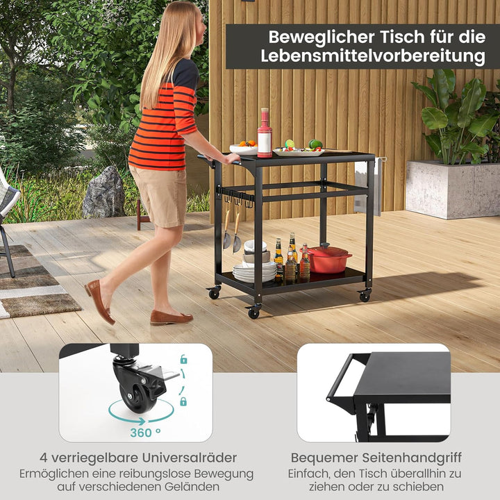 COSTWAY Grillwagen Grilltisch Outdoor, Pizzatisch mit 2 Ablagen & 4 Rollen & Haken, Grill Beistellti