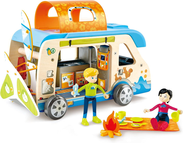 Hape Abenteuer-Van | Wohnmobil mit Puppen und Zubehör, der Camper ist aufklappbar, ab 3 Jahren
