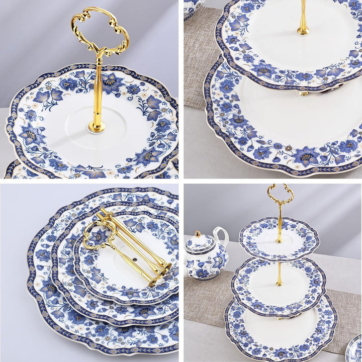 fanquare 3-Stufig Etagère Porzellan Cupcake Ständer mit Metallstreben,Blau Blumen Vintage Tortenstän