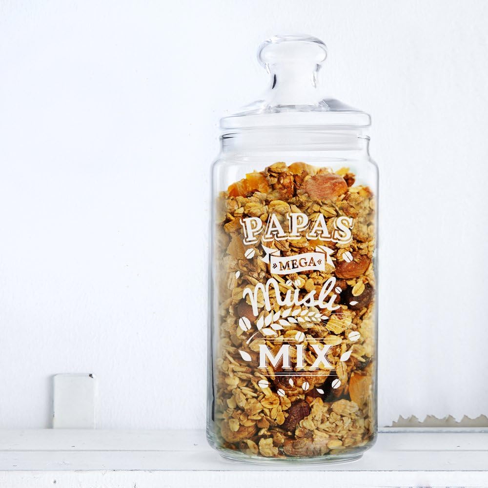 Casa Vivente – Müsliglas mit Gravur – Papas Mega Müsli Mix – Aufbewahrungsglas mit luftdichtem Versc