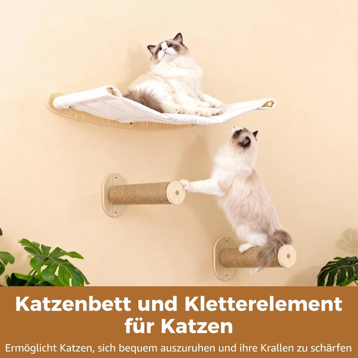 Katzenhängematte Wandmontage, Kletterwand Set aus Massivholz mit Katzentreppe, Holz Katzenbett mit K