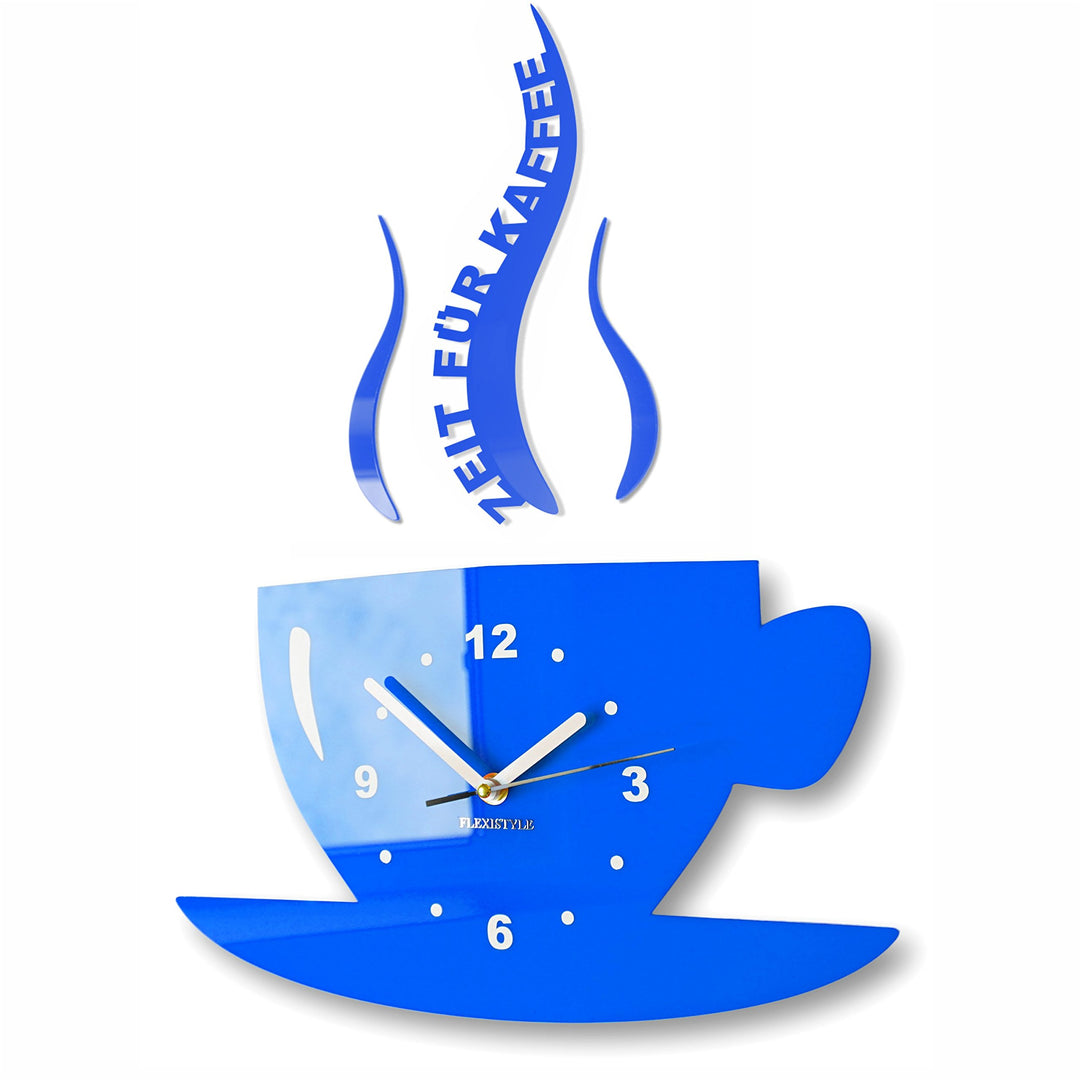 FLEXISTYLE Tasse Zeit für Kaffee Moderne Küche Wanduhr, 3D römisch, wanduhr deko (blau), Blau