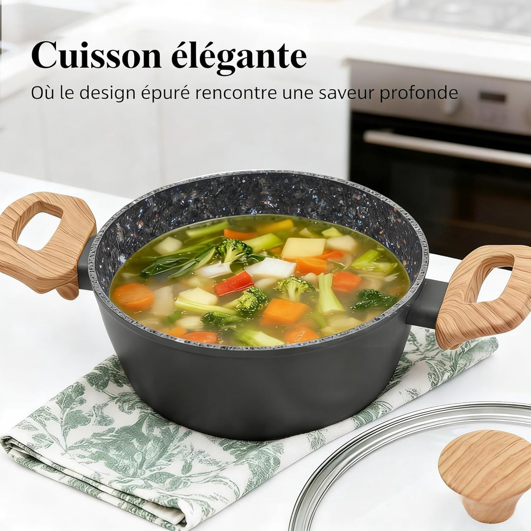 Topf & Pfanne Set grosse Bratpfanne - keramikbeschichteter Aluminiumholzgriff, alle Herdplatten (3,