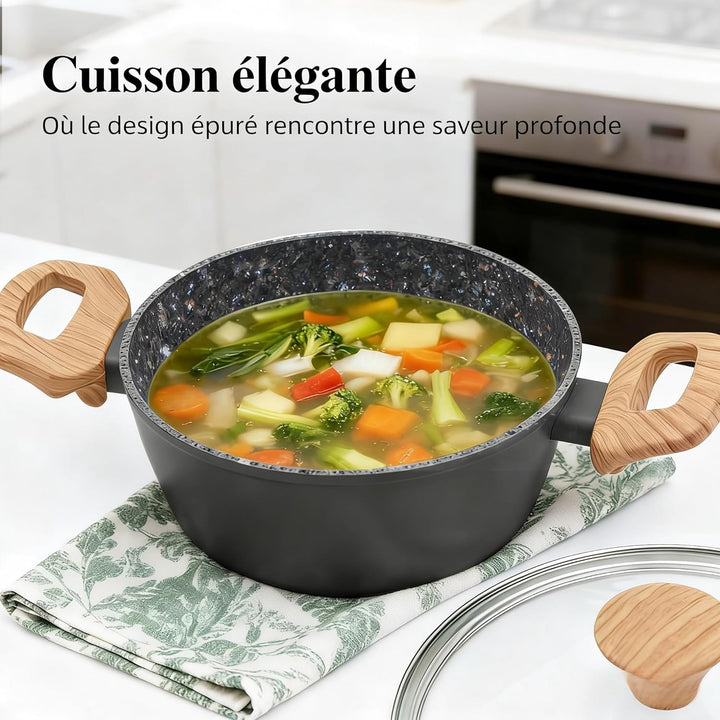 Topf & Pfanne Set grosse Bratpfanne - keramikbeschichteter Aluminiumholzgriff, alle Herdplatten (3,