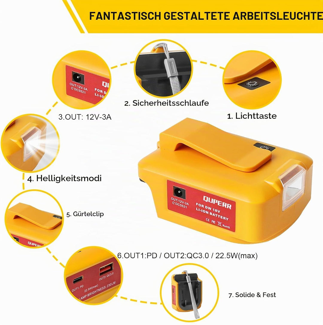 USB Akku Adapter für Dewalt 18V Akku, LED Arbeitslicht Konverter mit Dual-USB-Ladeanschlüssen &amp; DC-P