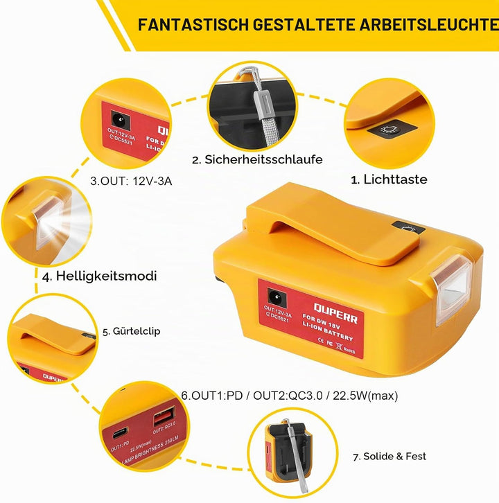 USB Akku Adapter für Dewalt 18V Akku, LED Arbeitslicht Konverter mit Dual-USB-Ladeanschlüssen &amp; DC-P