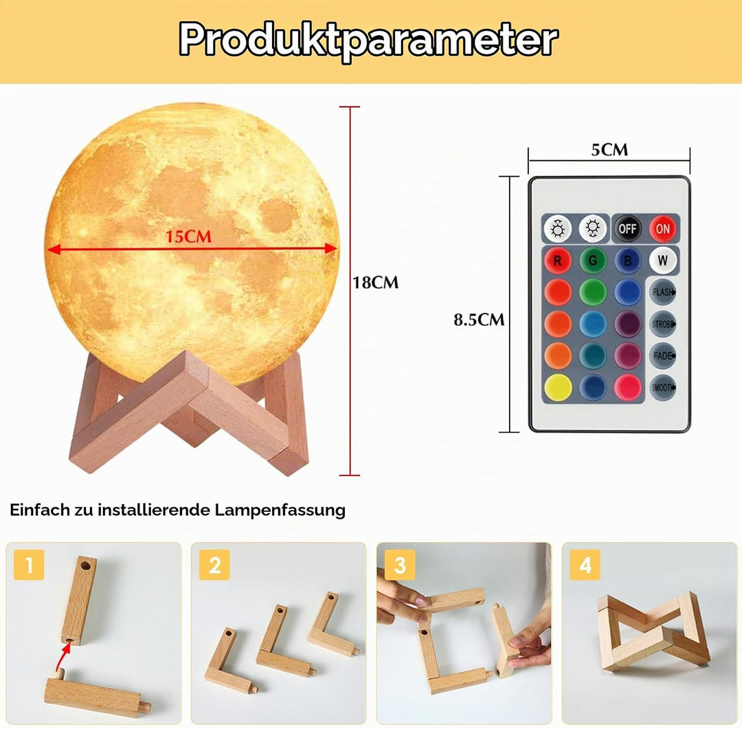 3D Mondlampe LED, 16 RGB Farben, Touch-Steuerung &amp; USB-Aufladung | Dimmbares Nachtlicht für Kinderzi