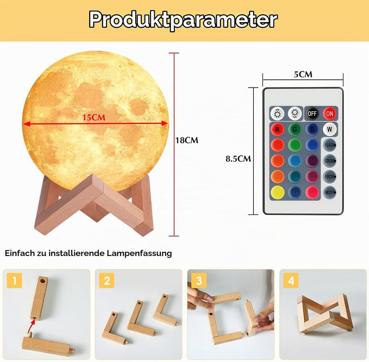 3D Mondlampe LED, 16 RGB Farben, Touch-Steuerung &amp; USB-Aufladung | Dimmbares Nachtlicht für Kinderzi