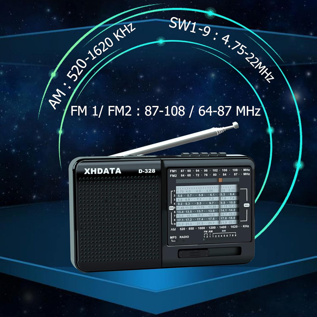 XHDATA D-328 Tragbarer Radio MP3 Player Unterstützt TF-Karte UKW AM SW Full Band Radio(Schwarz), Sch