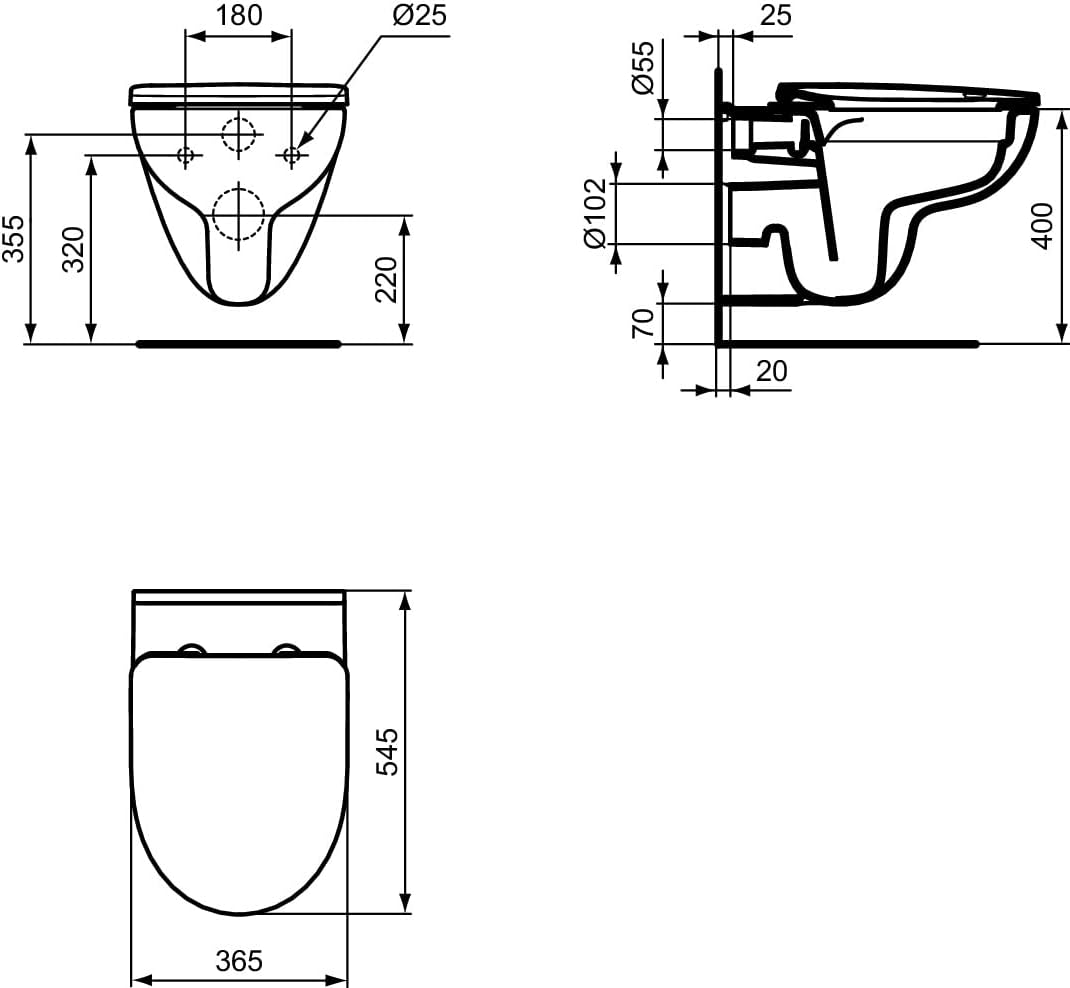 Ideal Standard i.life A Wandhängendes WC-Becken-Set, Hänge-WC mit CL1 Vollspülung 3.9-6 l/min, horiz