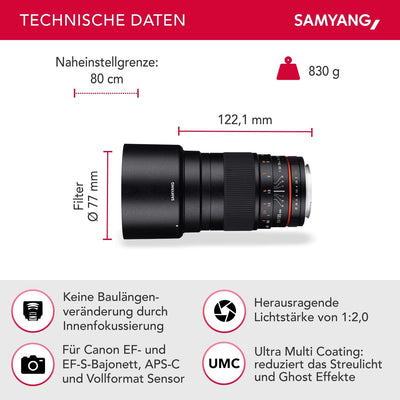 Samyang 135mm F2.0 für Canon EF - Vollformat und APS-C Teleobjektiv Festbrennweite für Canon Kamera