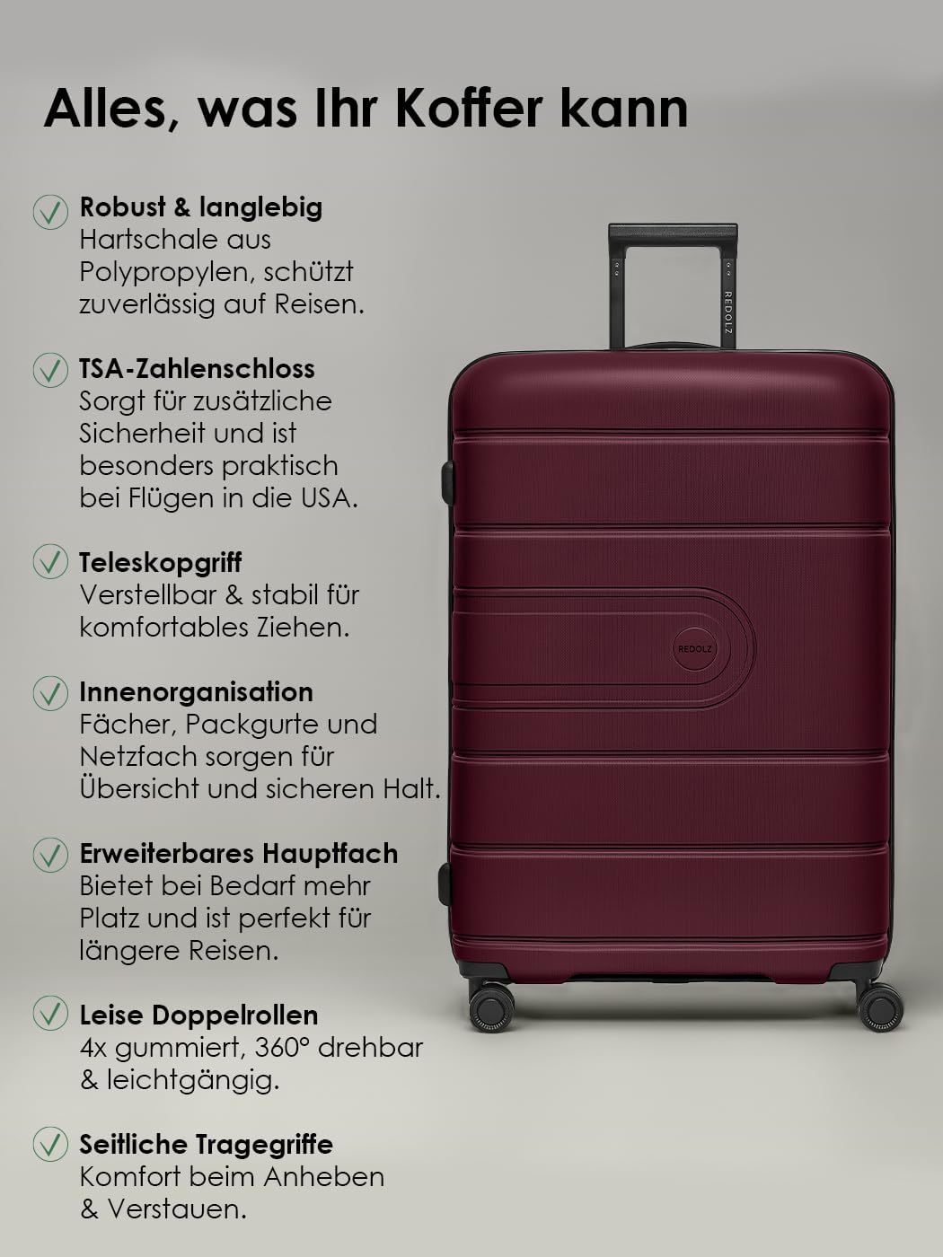 REDOLZ Hartschalen Check-in Koffer | Grosser XL Trolley 51 x 32 x 76 cm mit Dehnfalte aus hochwertig