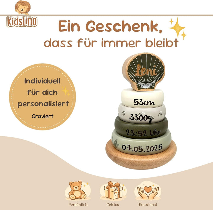 Personalisierbarer Holz-Stapelturm Olive – fördert Feinmotorik & Koordination – für Kinder ab 12 Mon