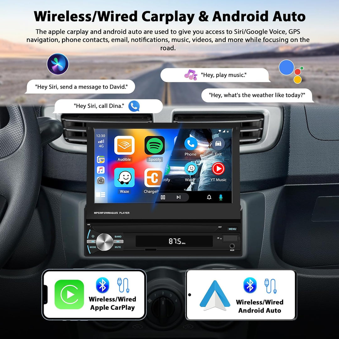 Inefala Carplay 1 DIN Wireless mit manuell einziehbarem 7-Zoll-Display, Autoradio mit Bluetooth 5.1,