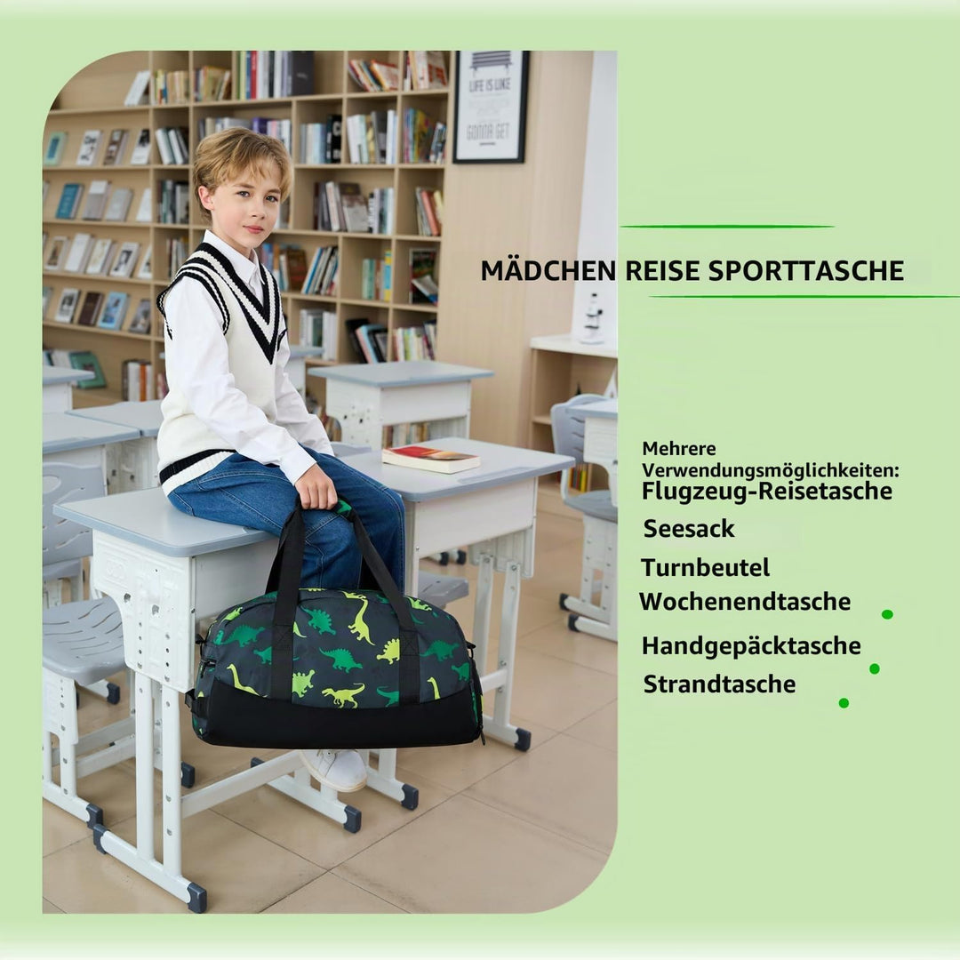 Lmwzh Kinder Sporttasche Reisetasche mitSchuhfach Turnbeutel wasserdichte Schwimmtasche (Dinosaurier