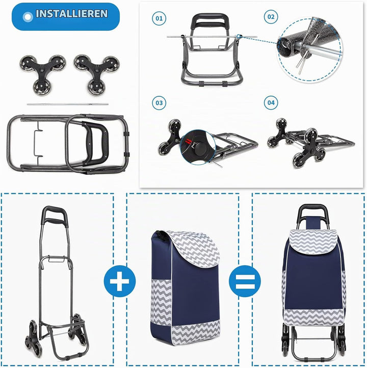 Kono Einkaufstrolley Klappbar Einkaufswagen Stabiler 2 in 1 Multifunktional Treppensteigwagen mit 3