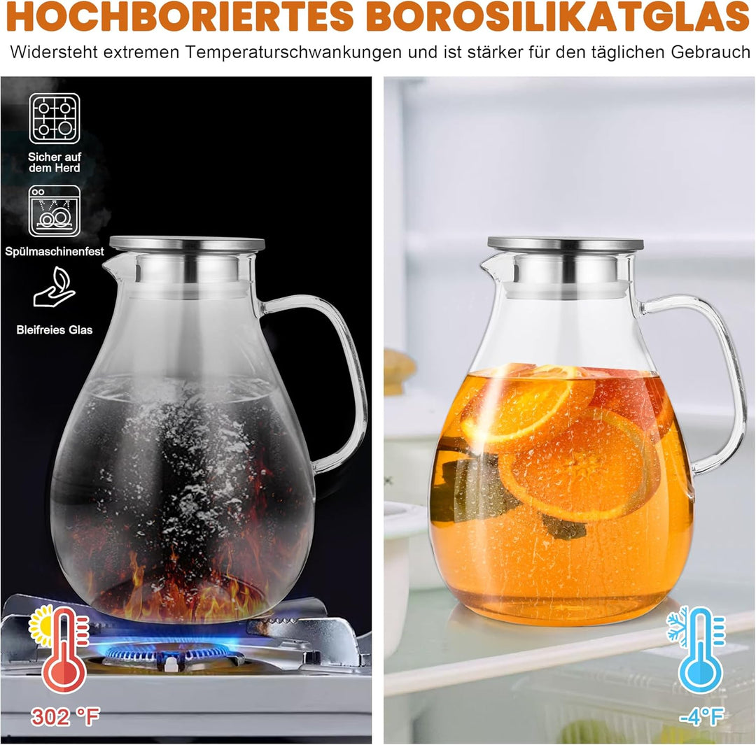 SUSTEAS 3.0 Liter 101 Unzen Wasserkaraffe, Glaskaraffe mit Deckel und Breitem Griff, Leicht zu Reini