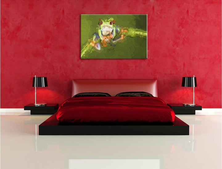 Pixxprint Baum-Frosch auf Bambus Kunst Pinsel Effekt, Format: 100x70 auf Leinwand, XXL riesige Bilde