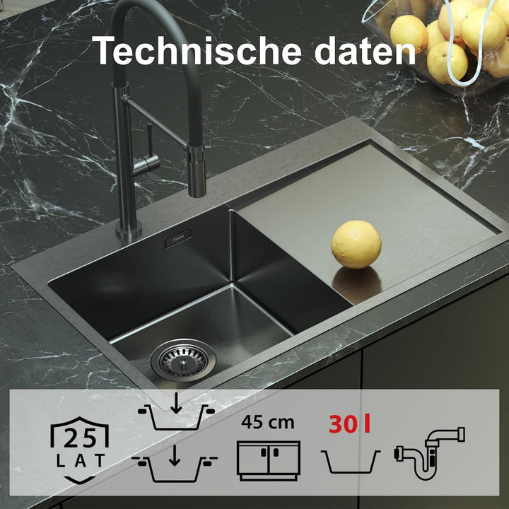 QUADRON | RUSSEL 111 | Einbeckenspüle | Masse: 78 x 48 x 20 cm | Passt in eine Schrankbreite: 45 cm