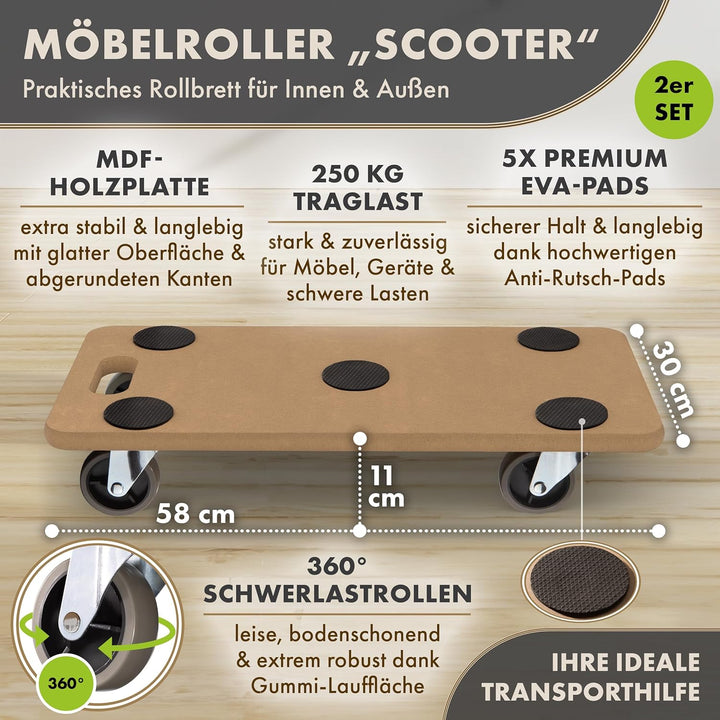 TTL Home 2er Set Möbelroller Scooter 58x30x11cm - 250kg Traglast Rollbrett & Transportroller 360° Gu