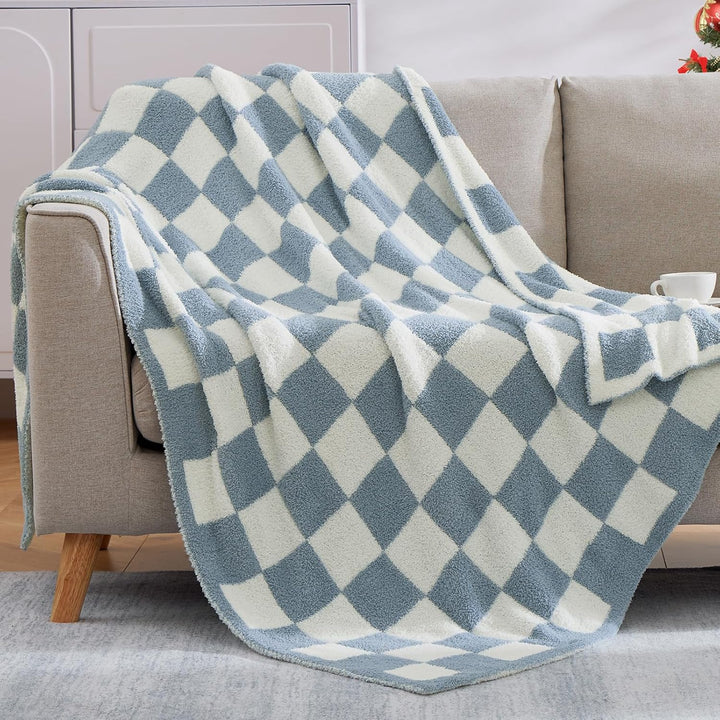 WRENSONGE Karierte Überwurfdecke, grau-Blaue Mikrofaser, weich, gemütlich, flauschig, warm, handgefe