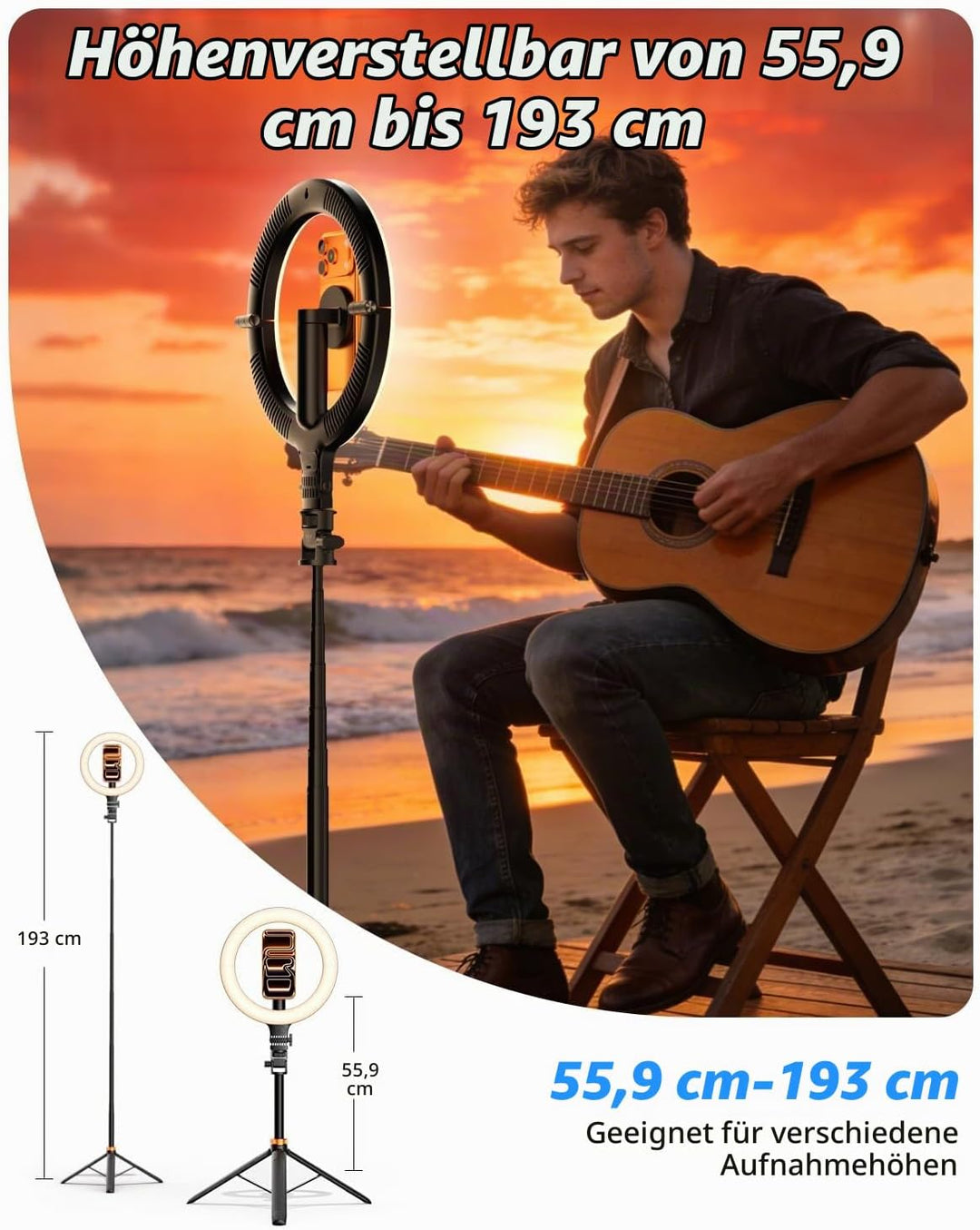 CloudValley 10" Magnet Ringlicht mit 76" Stativ, Handy Stativ mit 5000mAh wiederaufladbarem Licht, F