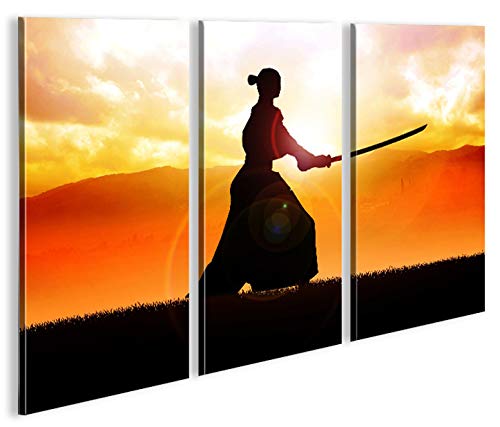 islandburner Bild Bilder auf Leinwand Samurai Kämpfer im Sonnenuntergang 3p XXL Poster Leinwandbild