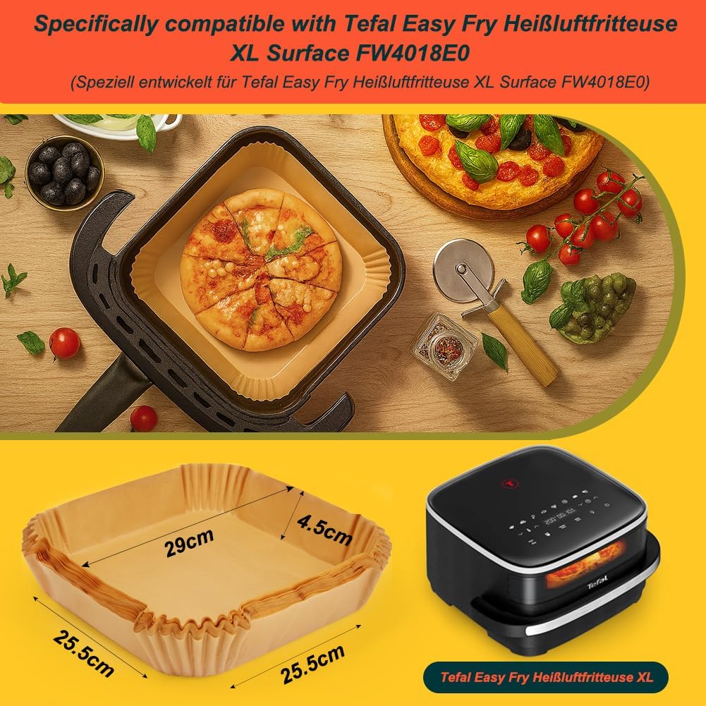BYKITCHEN 100 Stück Grösse Backpapier für Heissluftfritteuse Tefal Easy Fry XL Surface 4L, 25.5cm Ai
