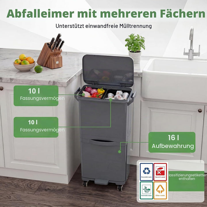 LIFEZEAL 36L Abfalleimer Küche, Mülleimer auf Rädern mit 2 Ebenen, Abfallbehälter mit Pedal & neigba