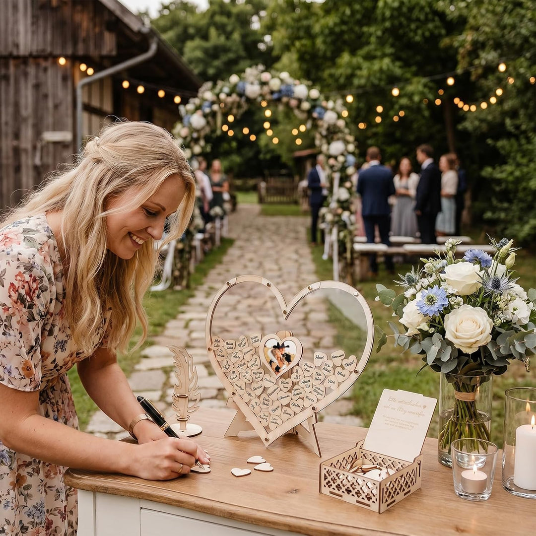 Gästebuch Hochzeit Holz, Herzform Hochzeitsgästebuch mit 100 Holzherzen, Fotorahmen &amp; Aufbewahrungsb
