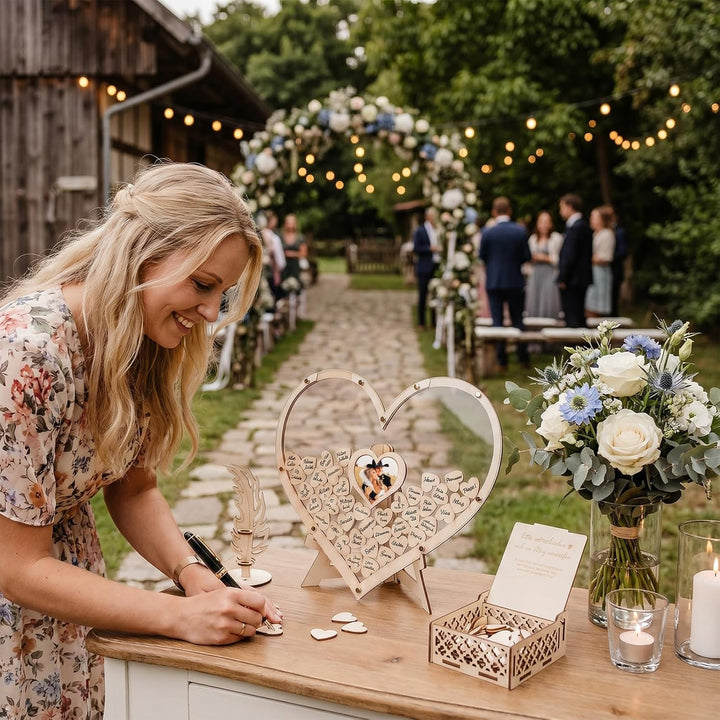 Gästebuch Hochzeit Holz, Herzform Hochzeitsgästebuch mit 100 Holzherzen, Fotorahmen &amp; Aufbewahrungsb