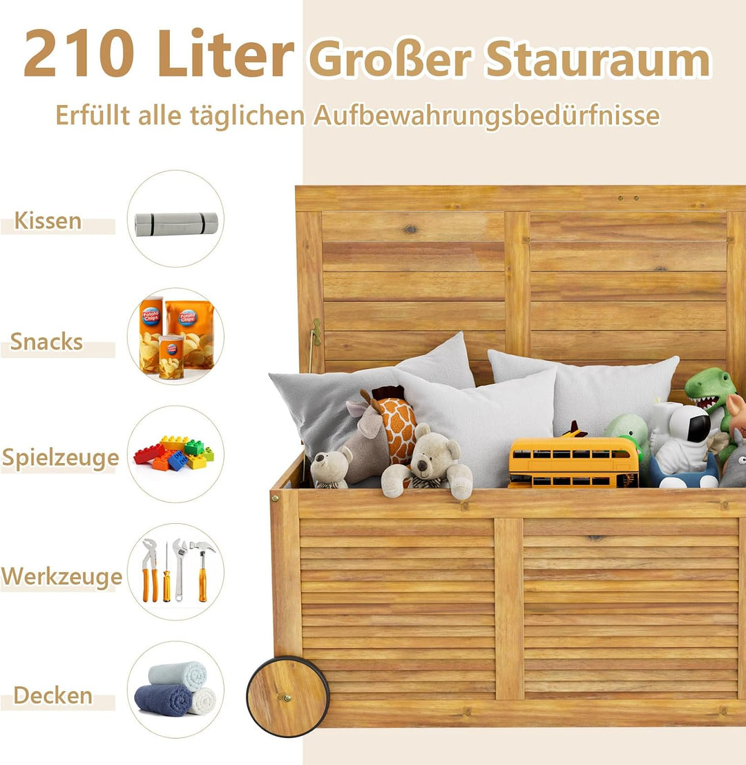 GIANTEX Auflagenbox Kissenbox Akazien Holz 182L, Gartenbox Aufbewahrungsbox mit Rollen, Kissentruhe